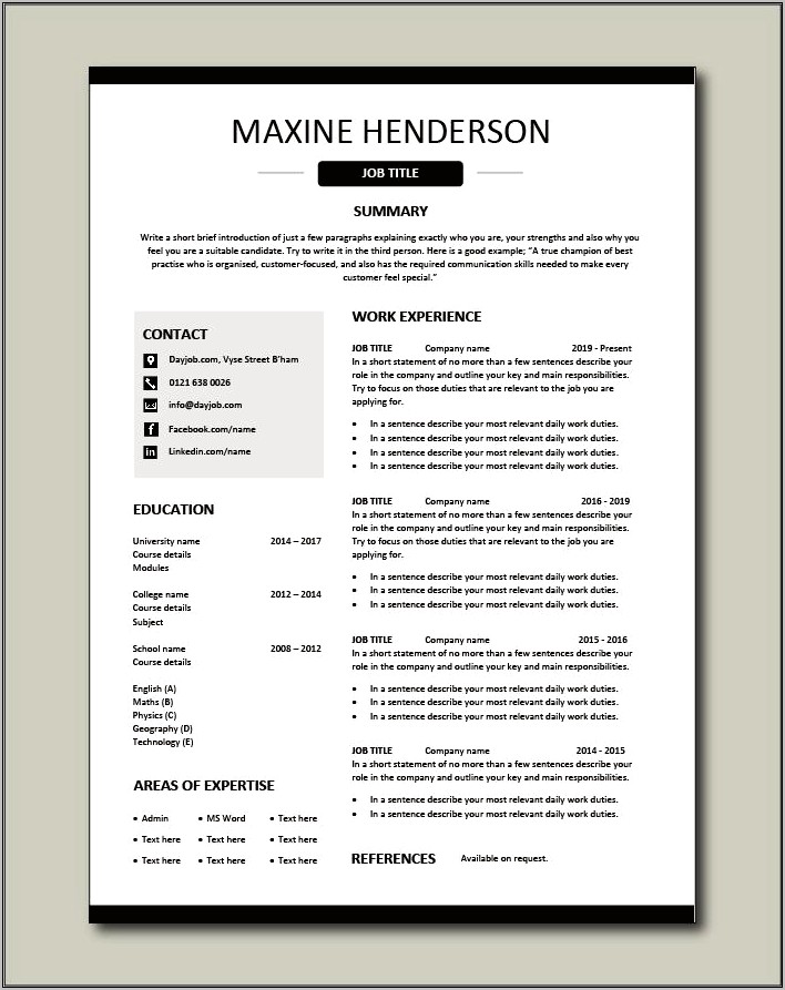 Resume One Page Lots Of Experienced Template