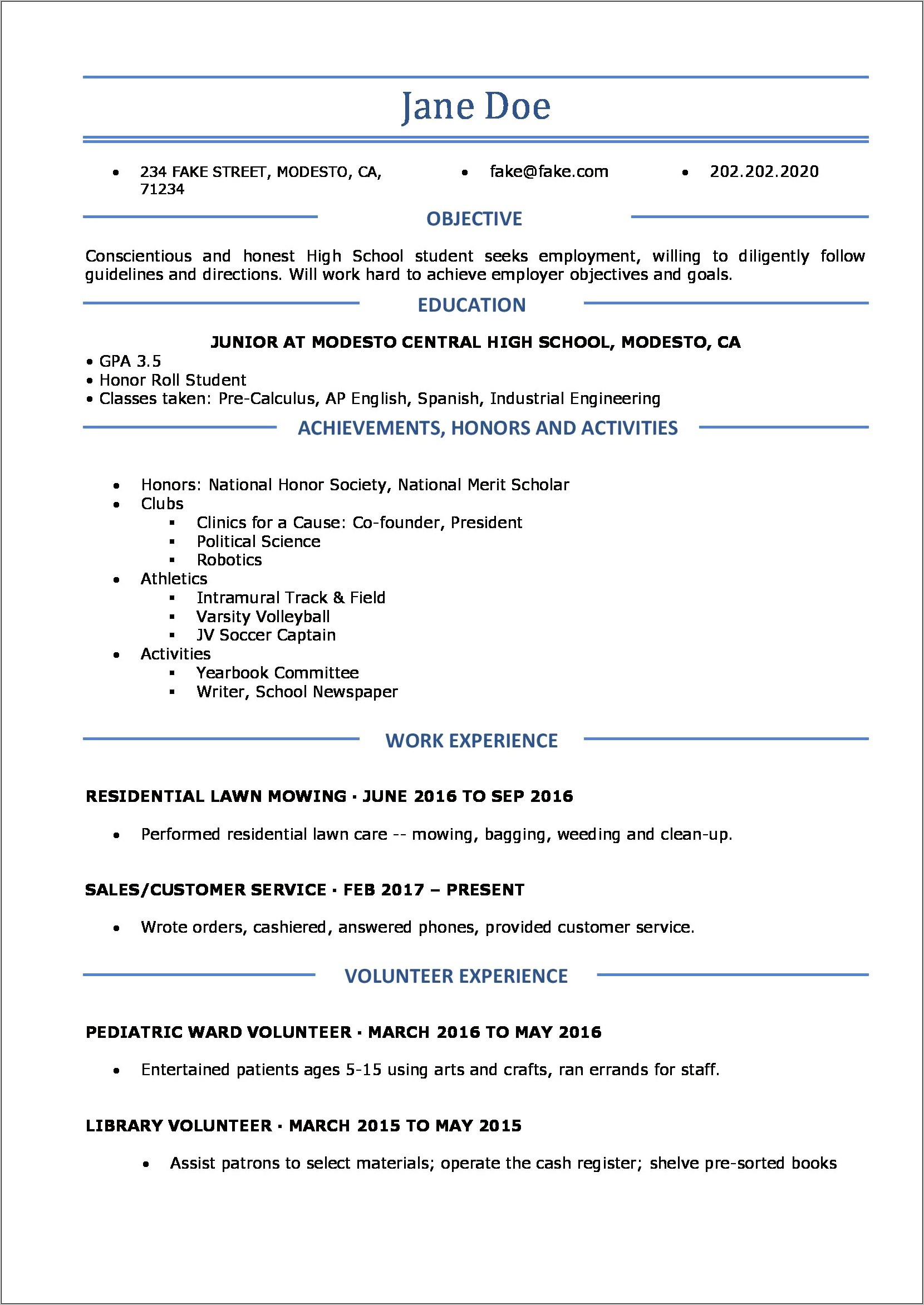 Resume Outline For High School Students