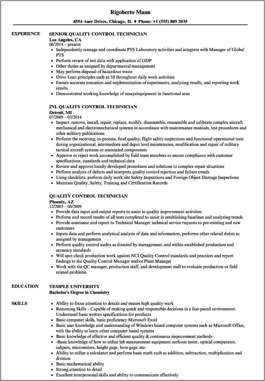 Resume Professional Summary For Quality Technician