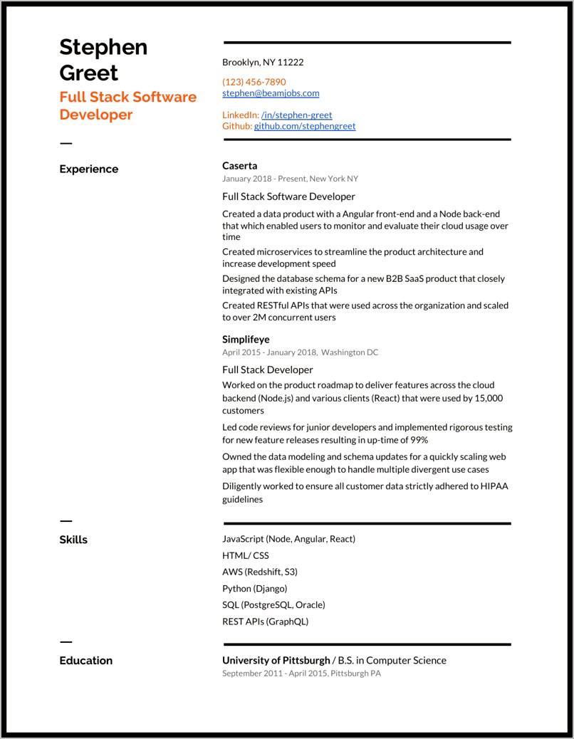 Resume Profile Examples Full Stack Developer