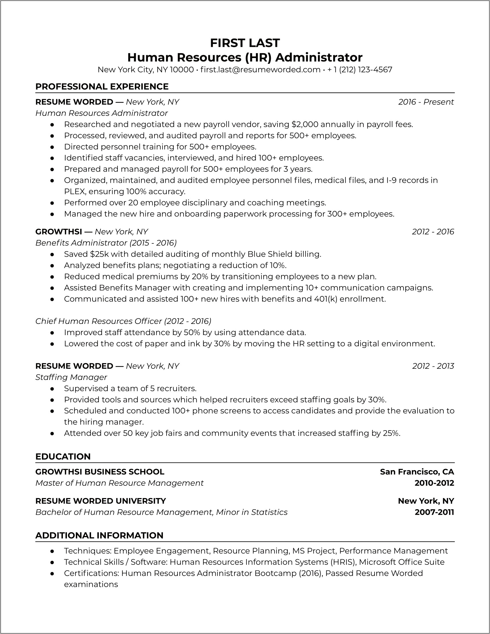 Resume Profile Human Resources Ni Experience