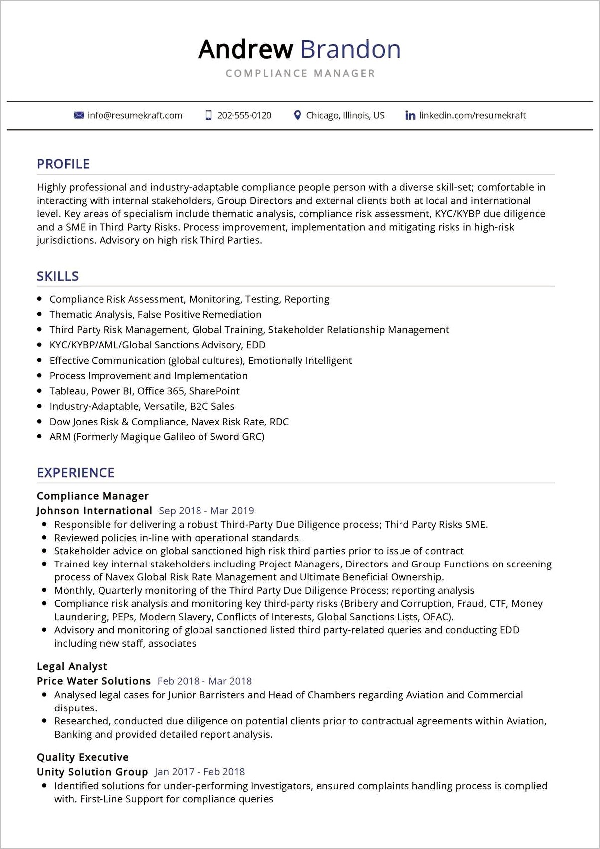Resume Profile Statement For Compliance Sample