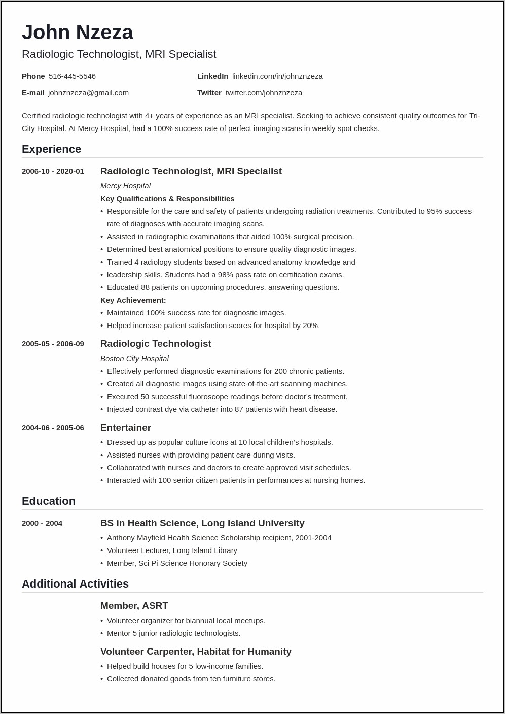 Resume Profile Summary Of Mammography Technologist
