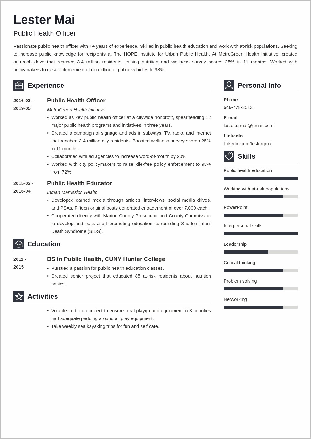 Resume Profile Summary Of Public Health