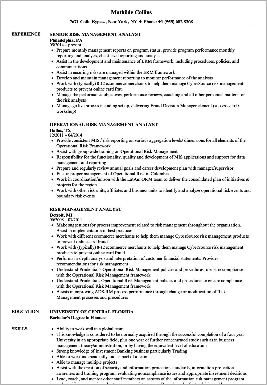Resume Project Healthcare Samples Risk Analyst