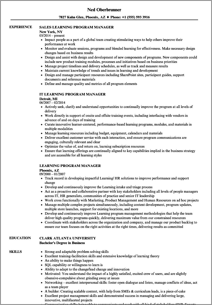 Resume Project Management And Adult Eductiona