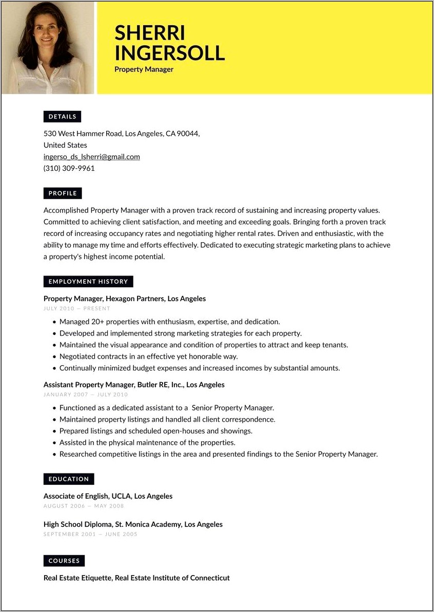 Resume Property Manager Assistant Heading
