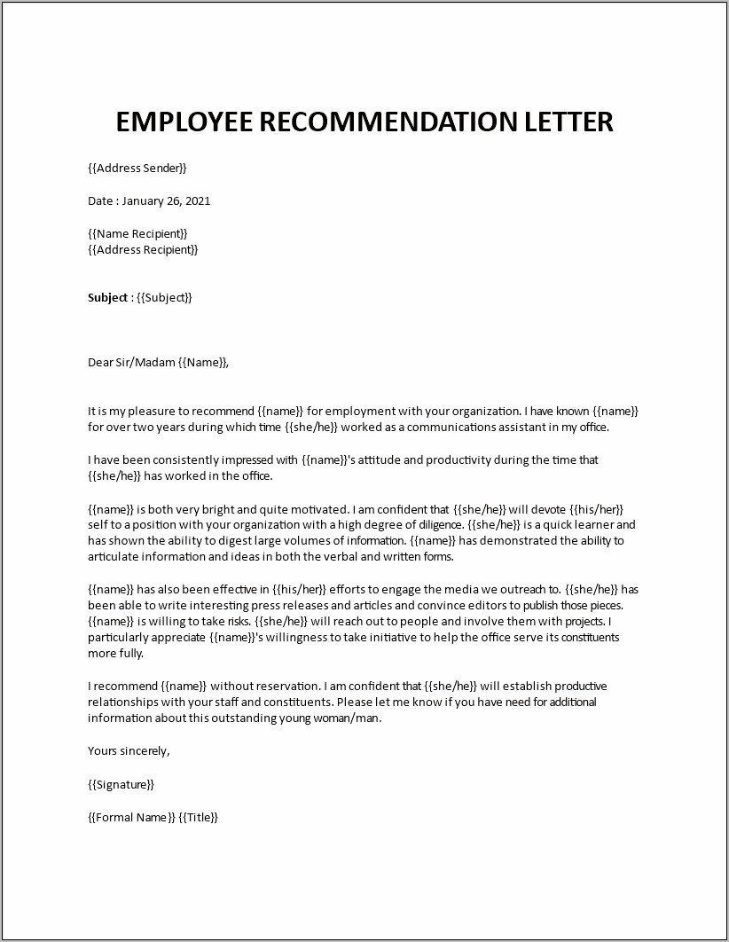 Resume Recommendation Letter From Employee Relationship