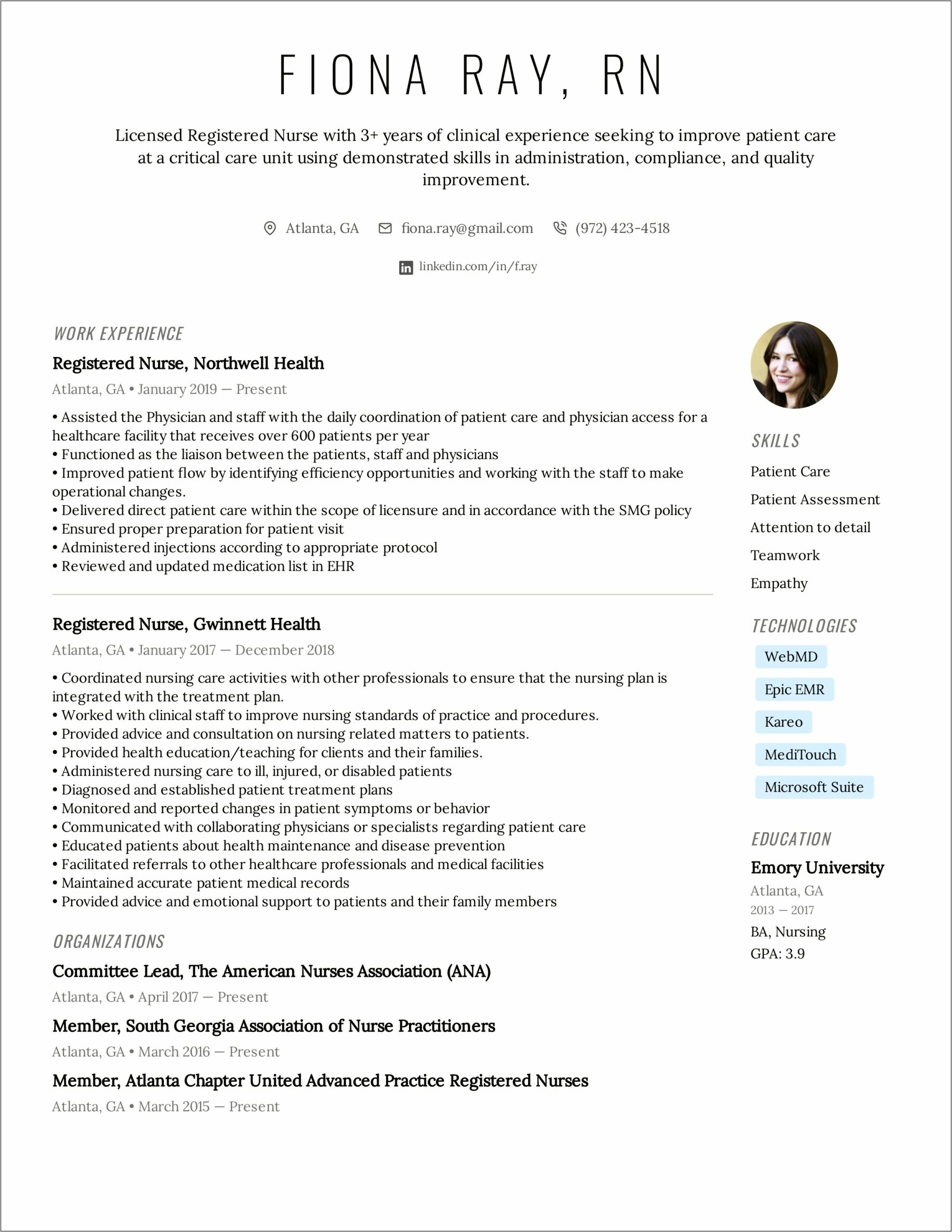 Resume Registered Nurse In Nurse Practitioner School