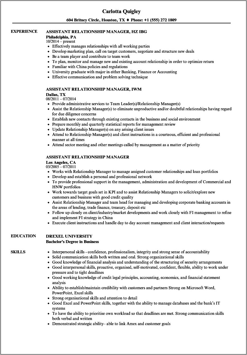 Resume Relationship Manager Business Banking