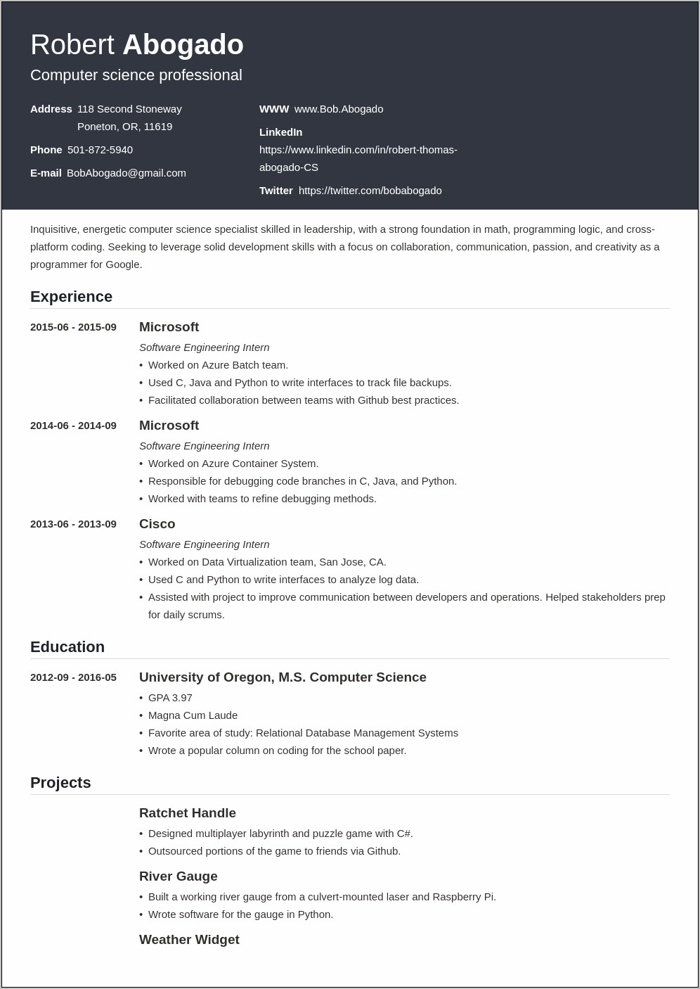 Resume Sample Computer Science Student