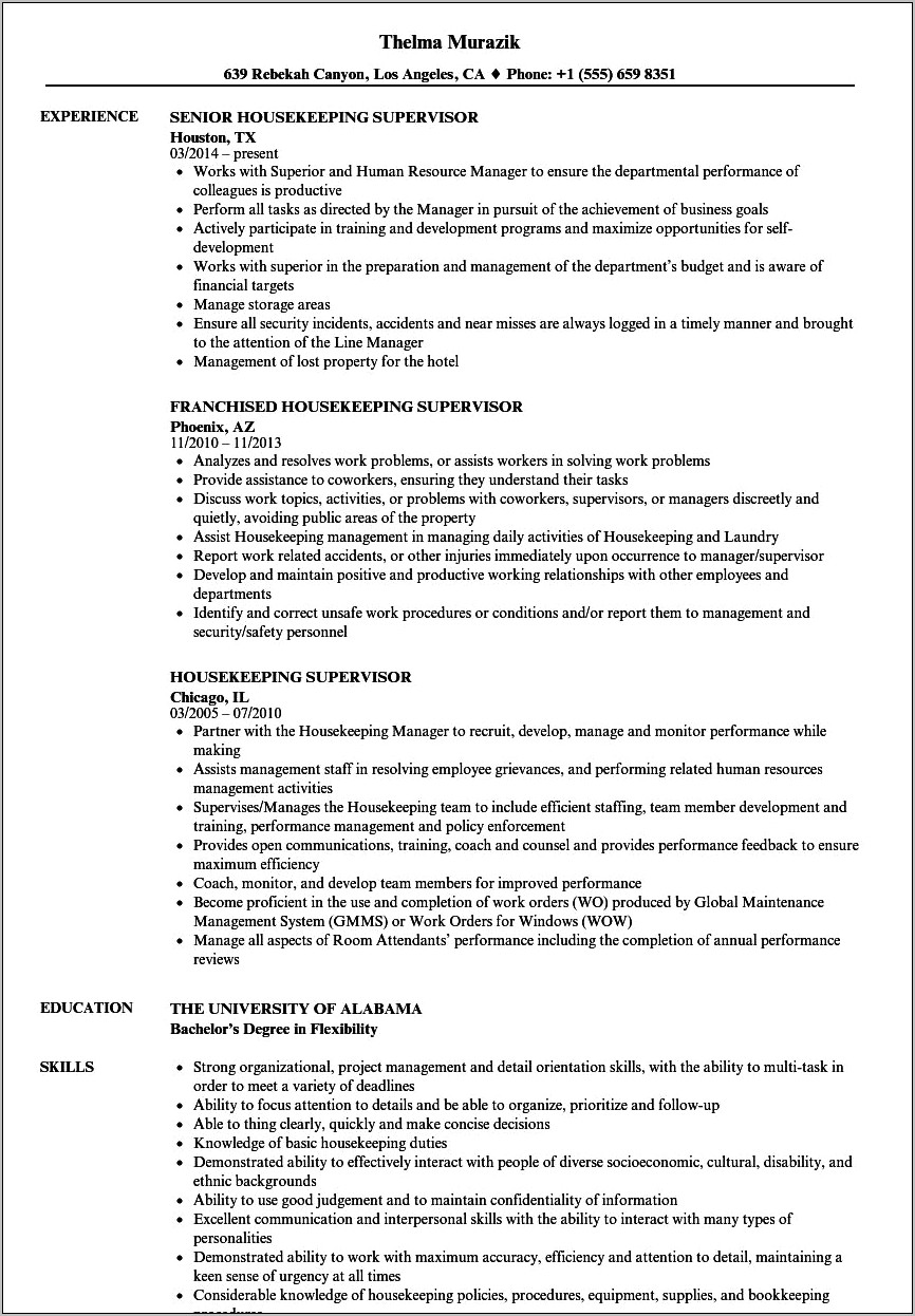 Resume Sample Description Of Responsibilities In Housekeeping Supervisor