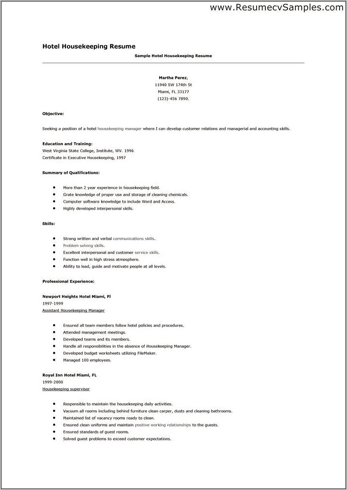 Resume Sample Description Of Responsibilities In Housekeeping