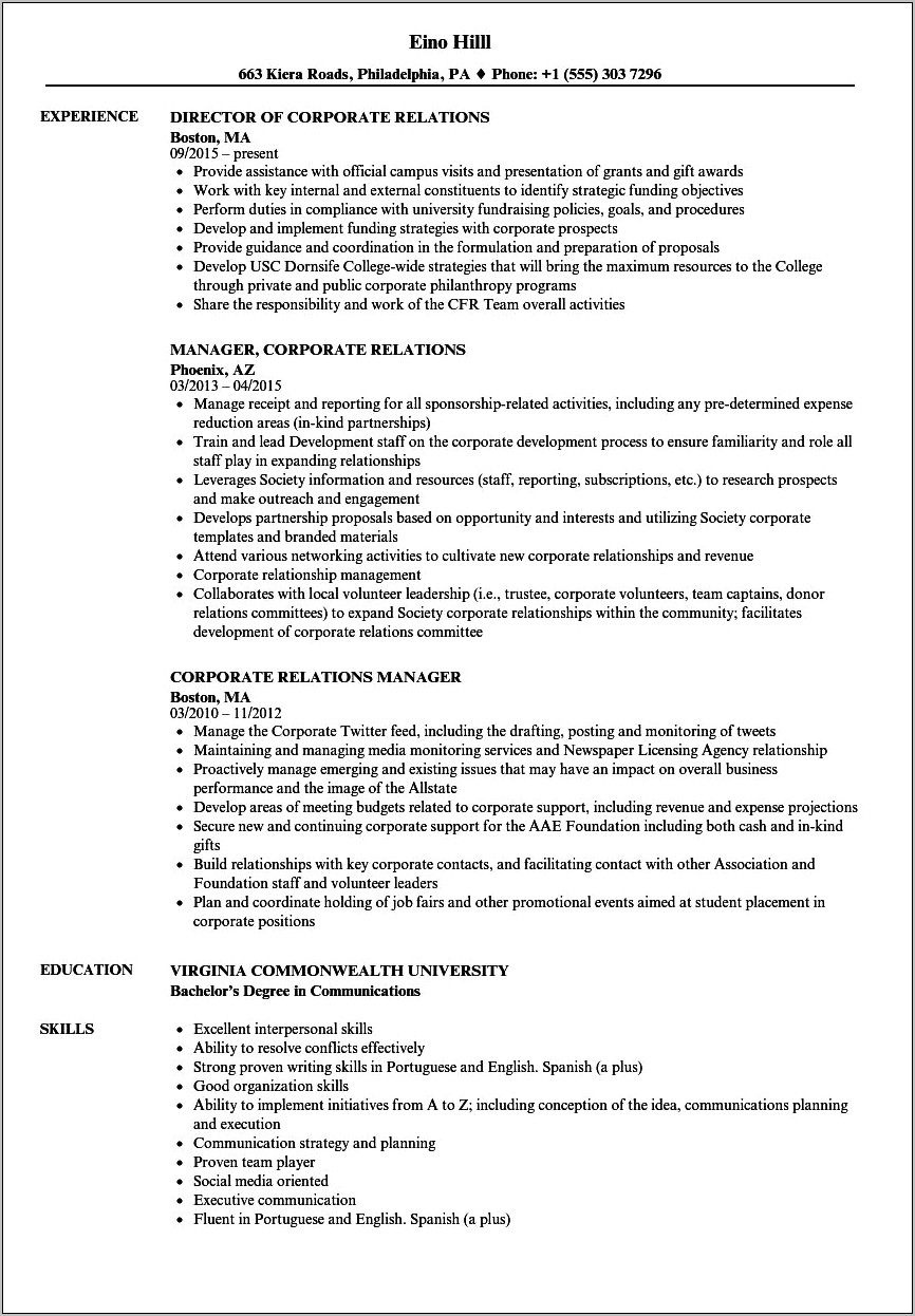 Resume Sample Director Corporate And Foundation