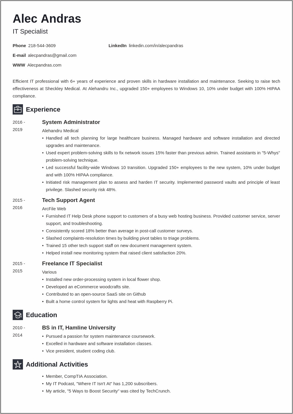 Resume Sample Entry Level Computer Technician