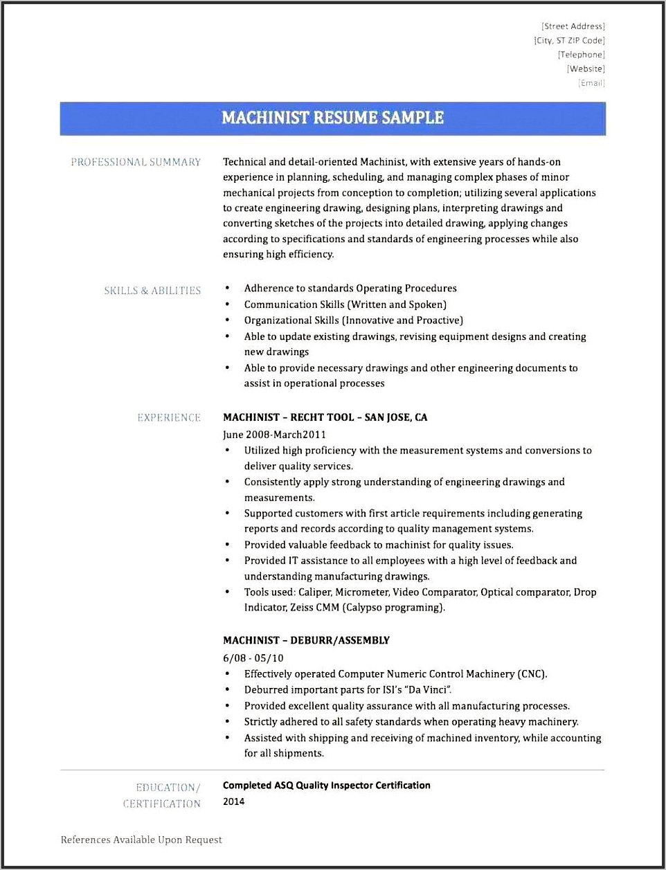 Resume Sample For A Machine Operator