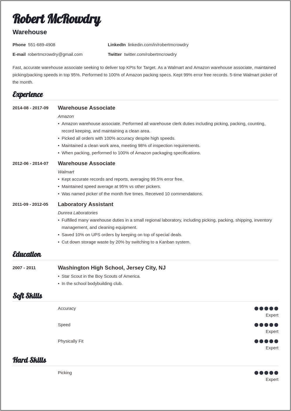 Resume Sample For A Warehouse Office Employee