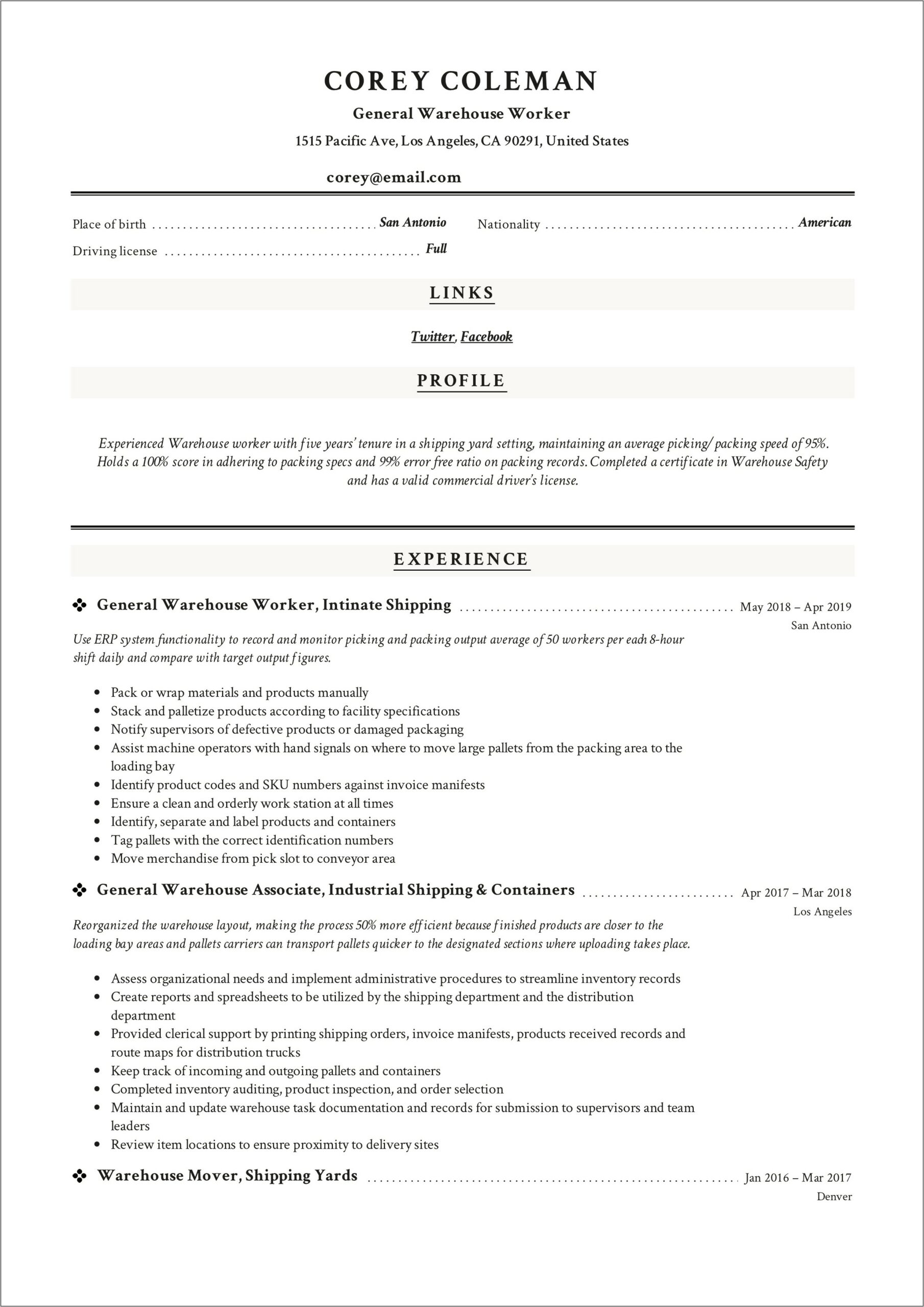 Resume Sample For A Warehouse Worker