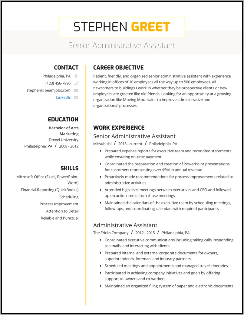 Resume Sample For Administrative Job