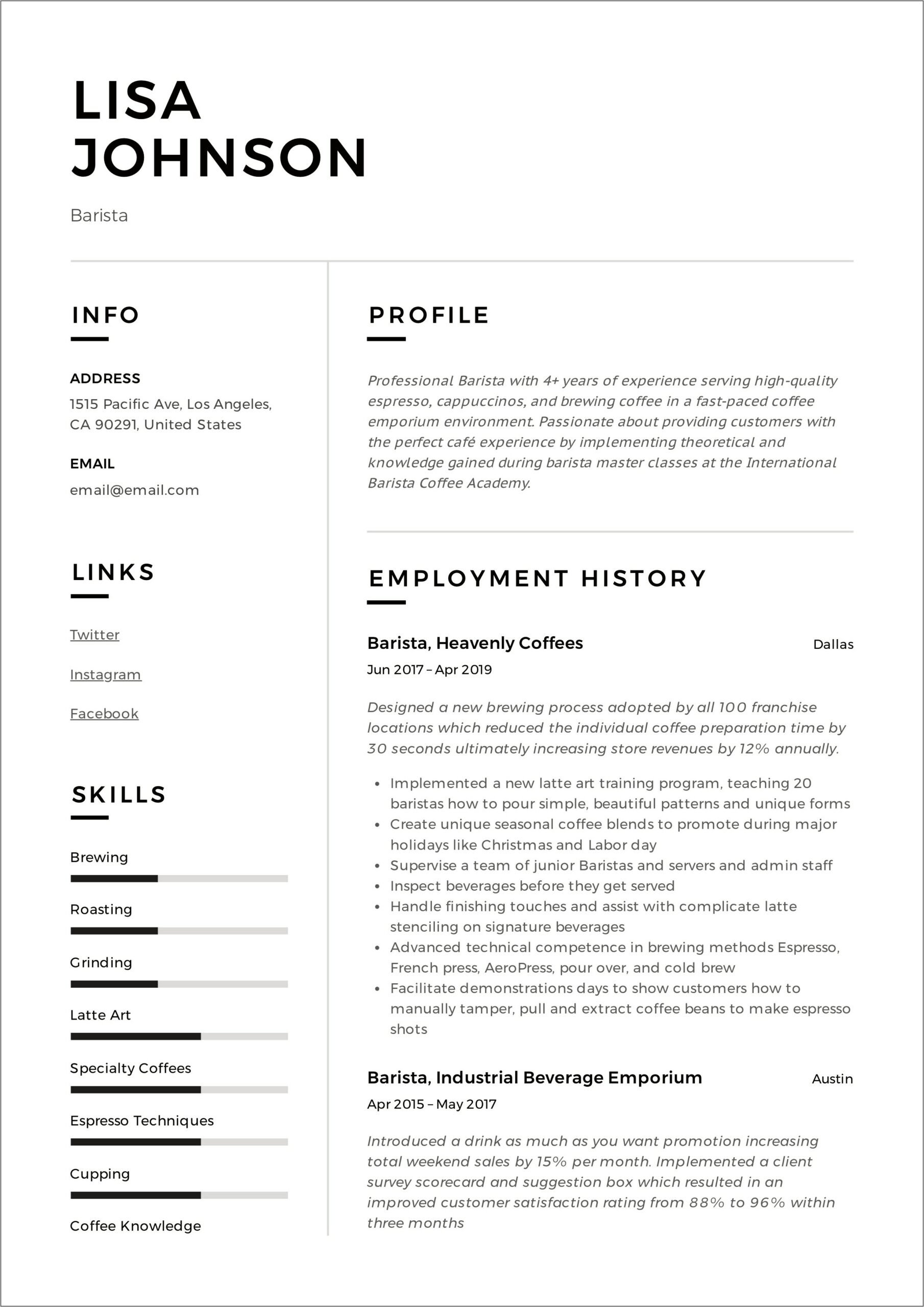 Resume Sample For Barista With No Experience