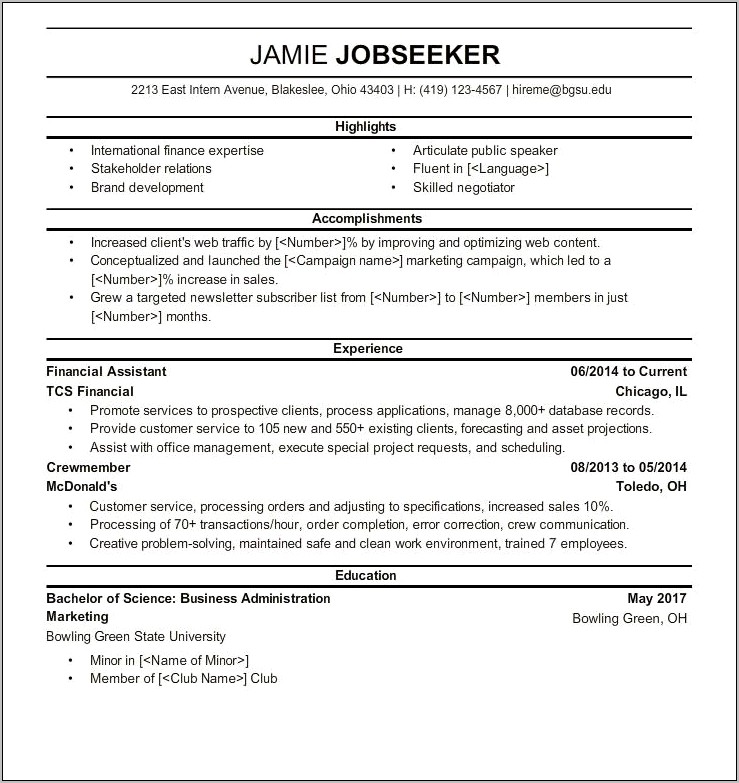 Resume Sample For Business Administration Student