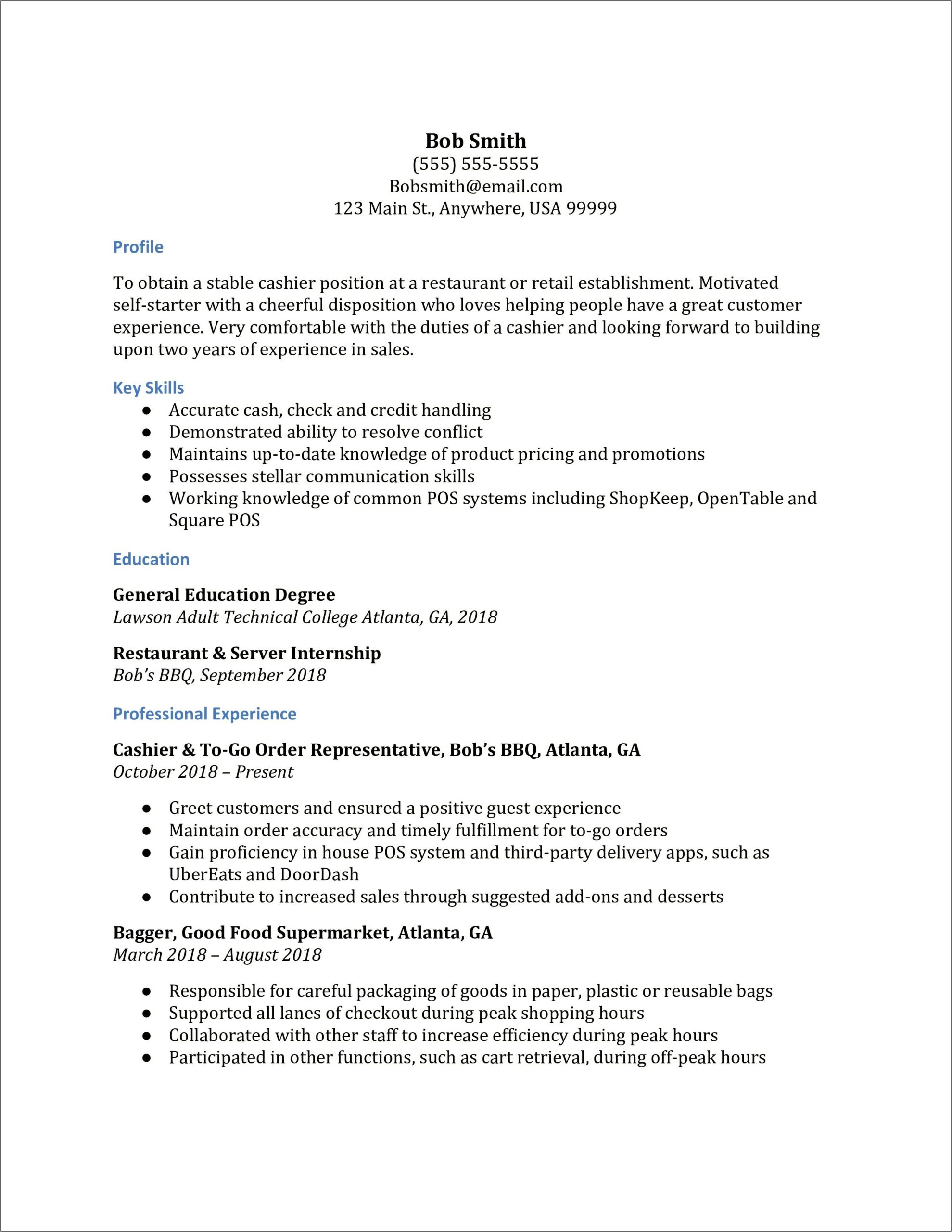 Resume Sample For Cashier In Fast Food