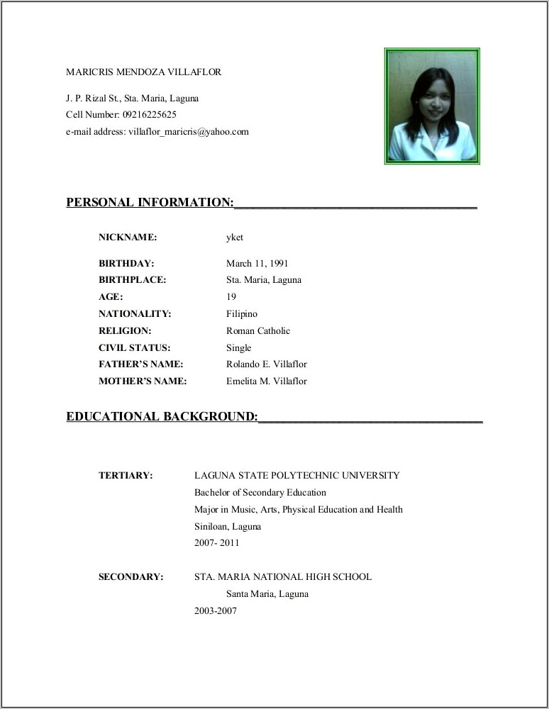 Resume Sample For College Student Philippines
