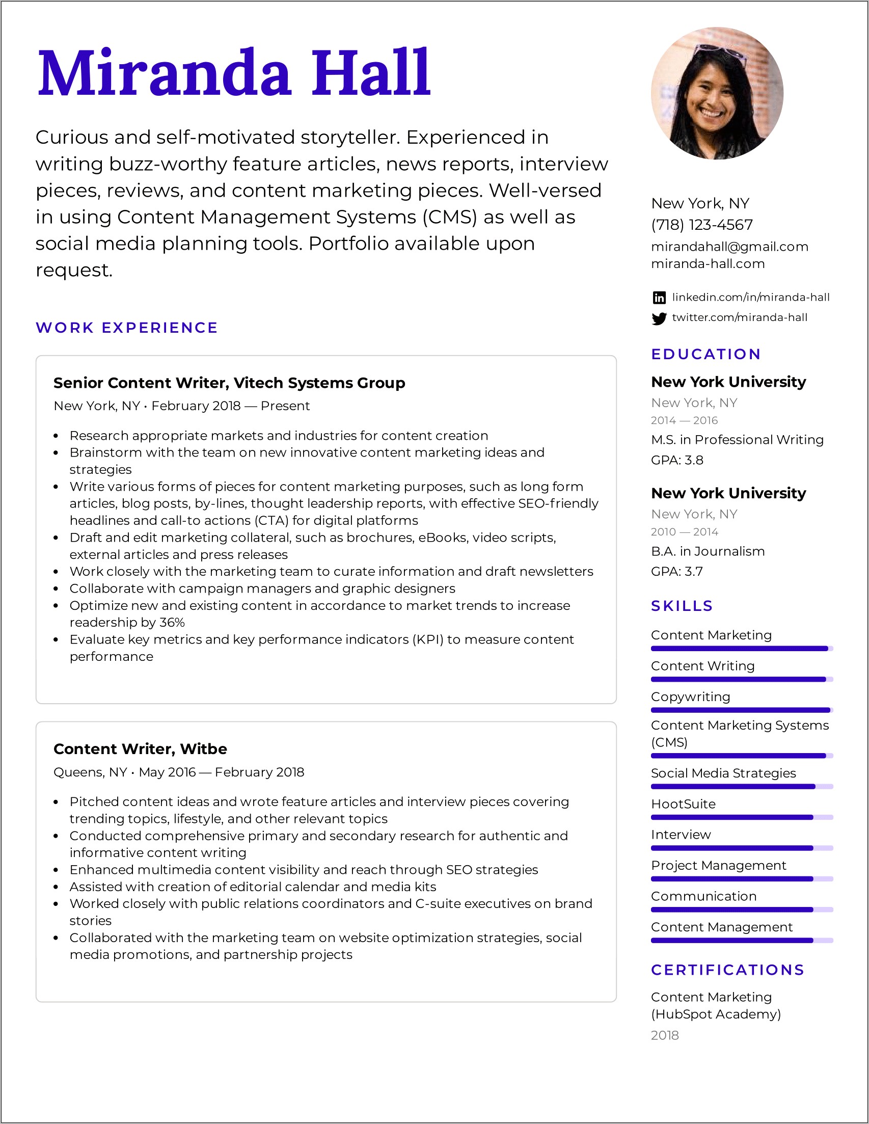 Resume Sample For Content Writers