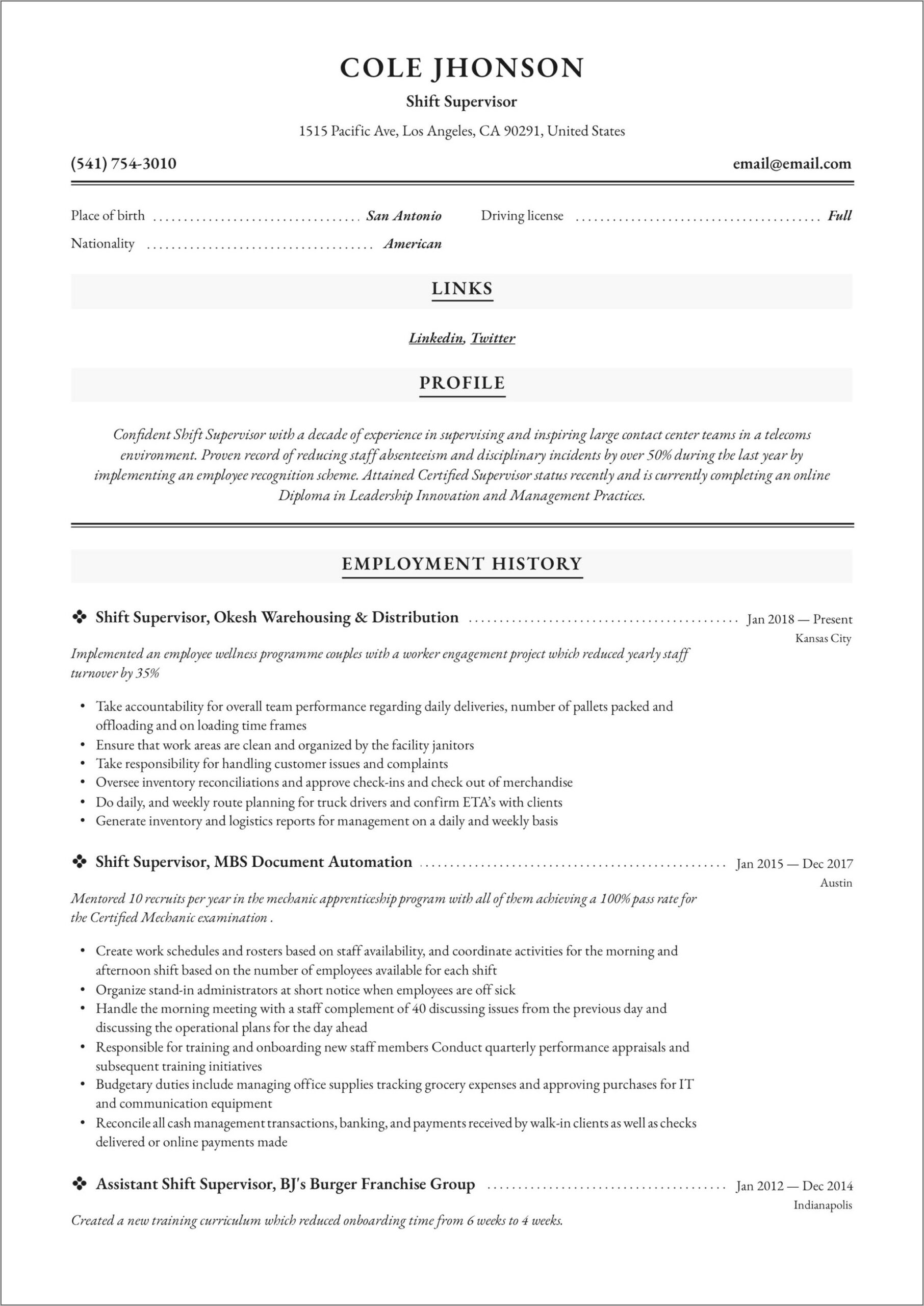 Resume Sample For Convenience Store Shift Manager