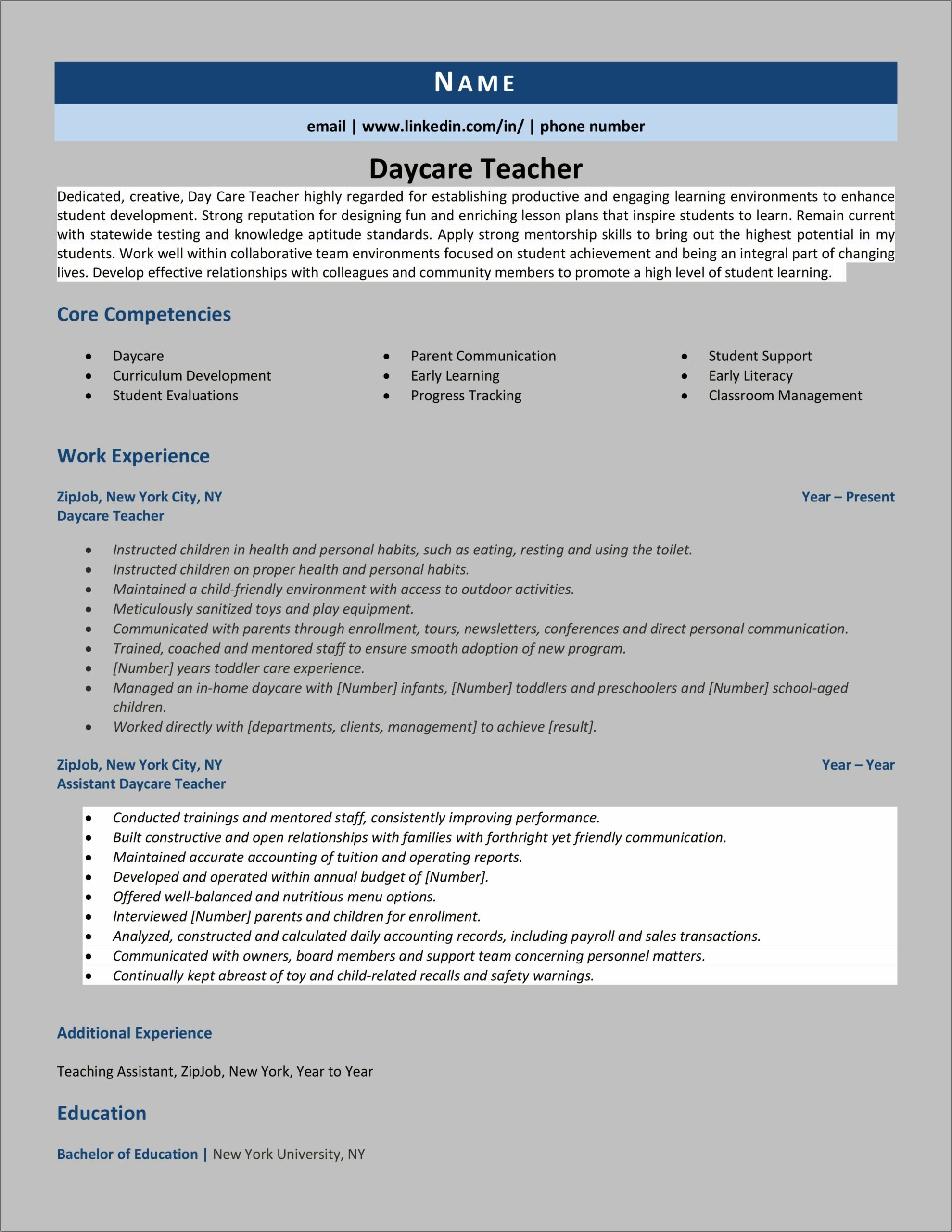 Resume Sample For Day Care Teacher