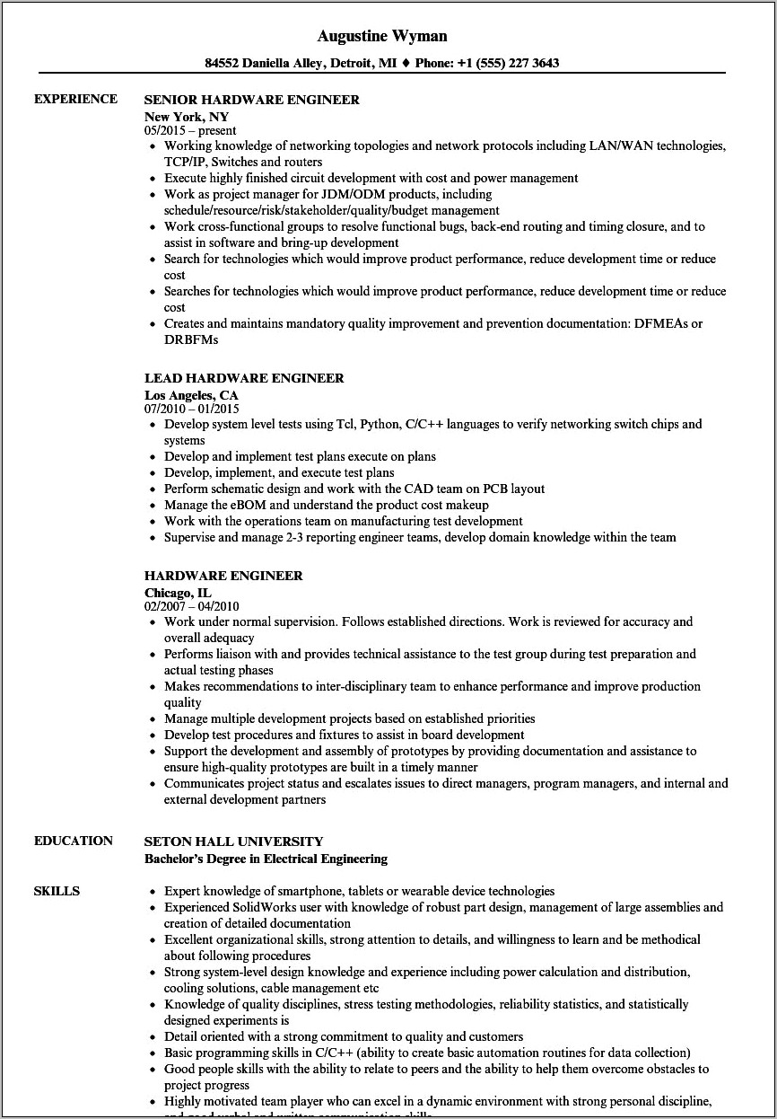 Resume Sample For Entry Level Electrical Engineer