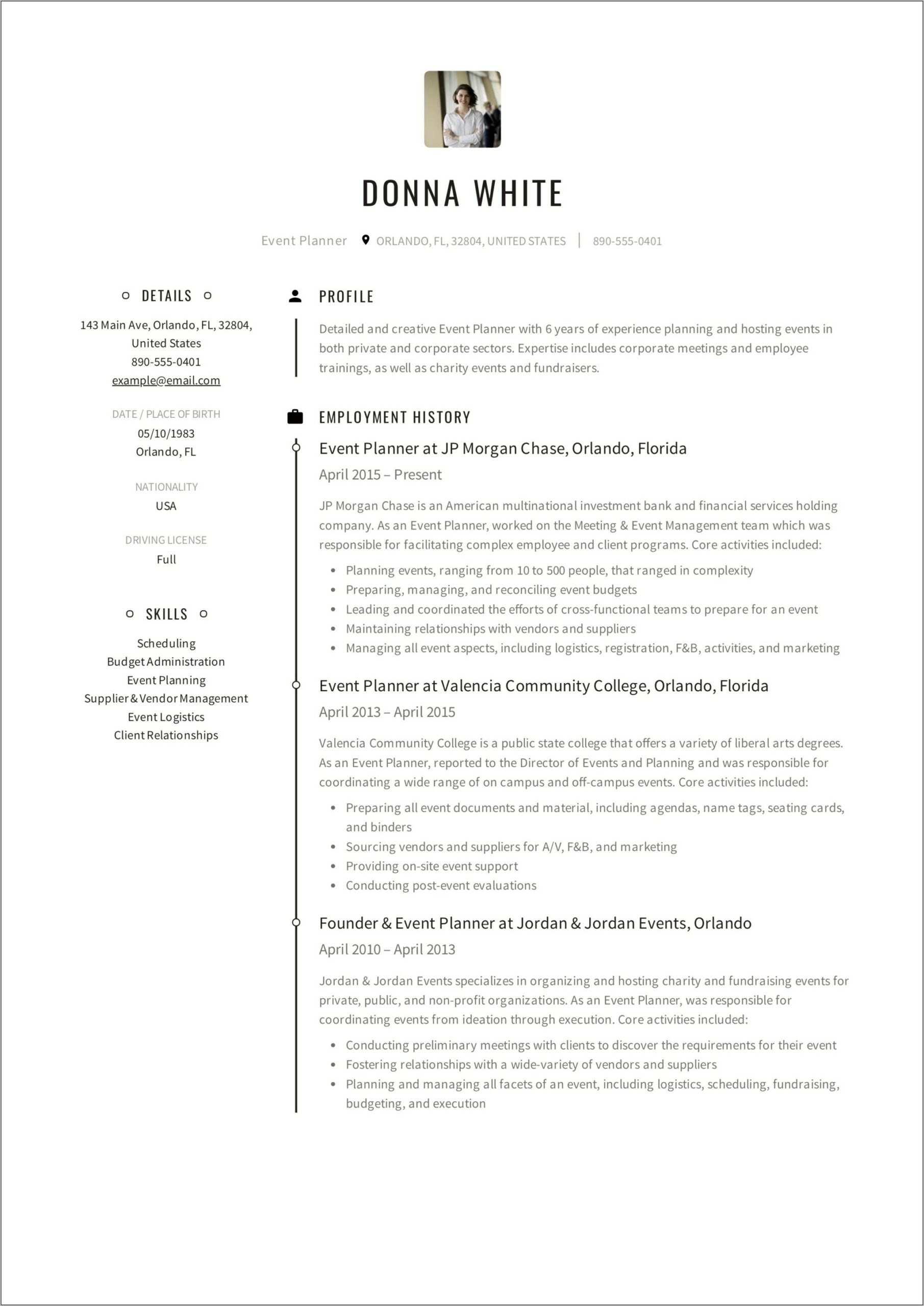Resume Sample For Event Management Company