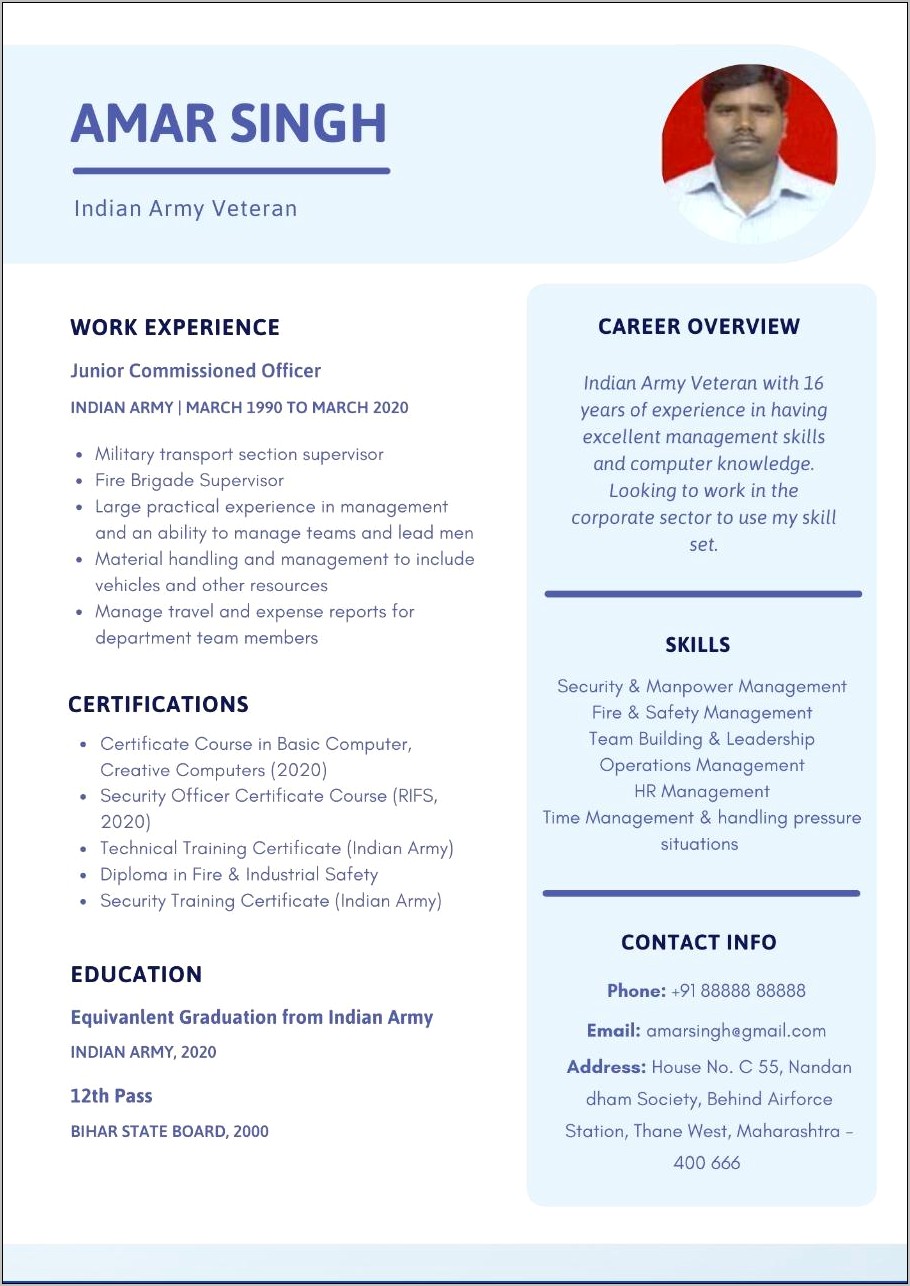Resume Sample For Ex Servicemen
