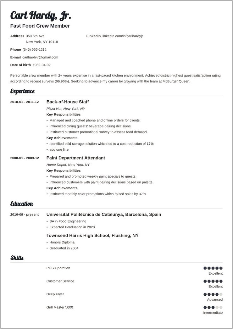 Resume Sample For Fast Food Workers