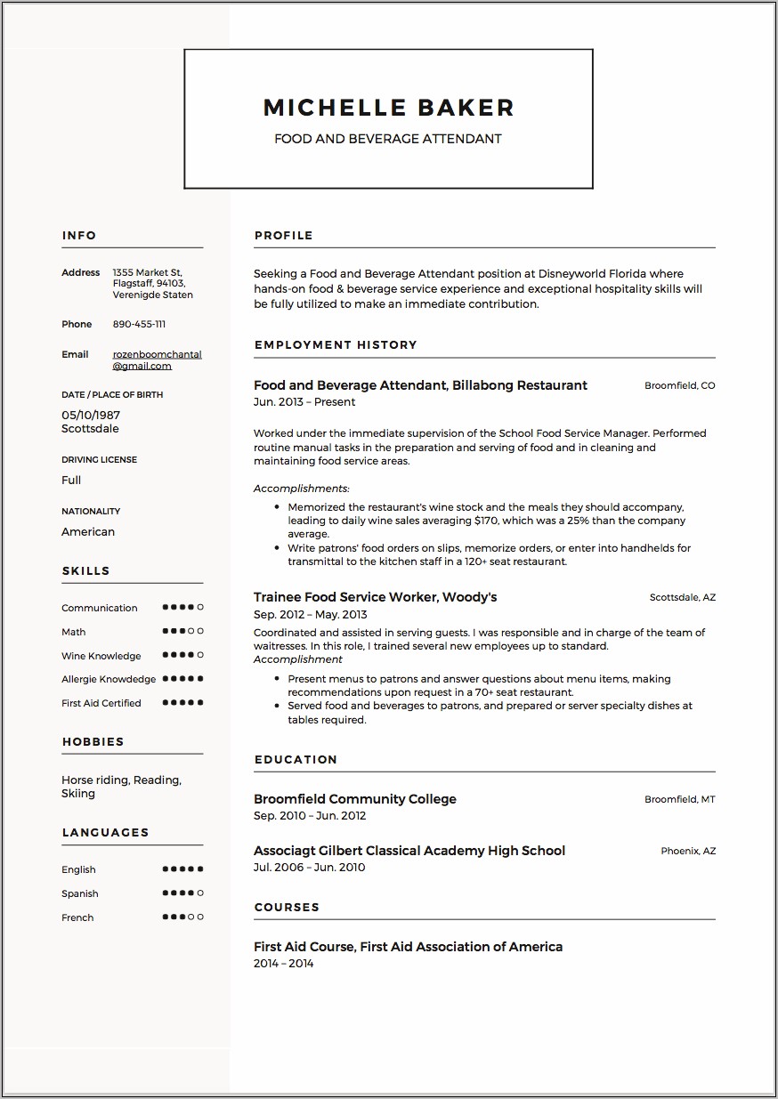 Resume Sample For Food And Beverage Service