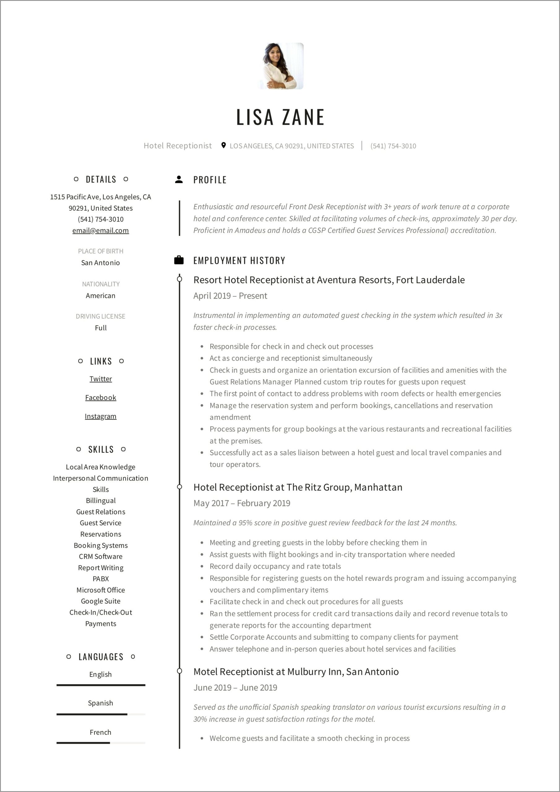 Resume Sample For Front Office Receptionist