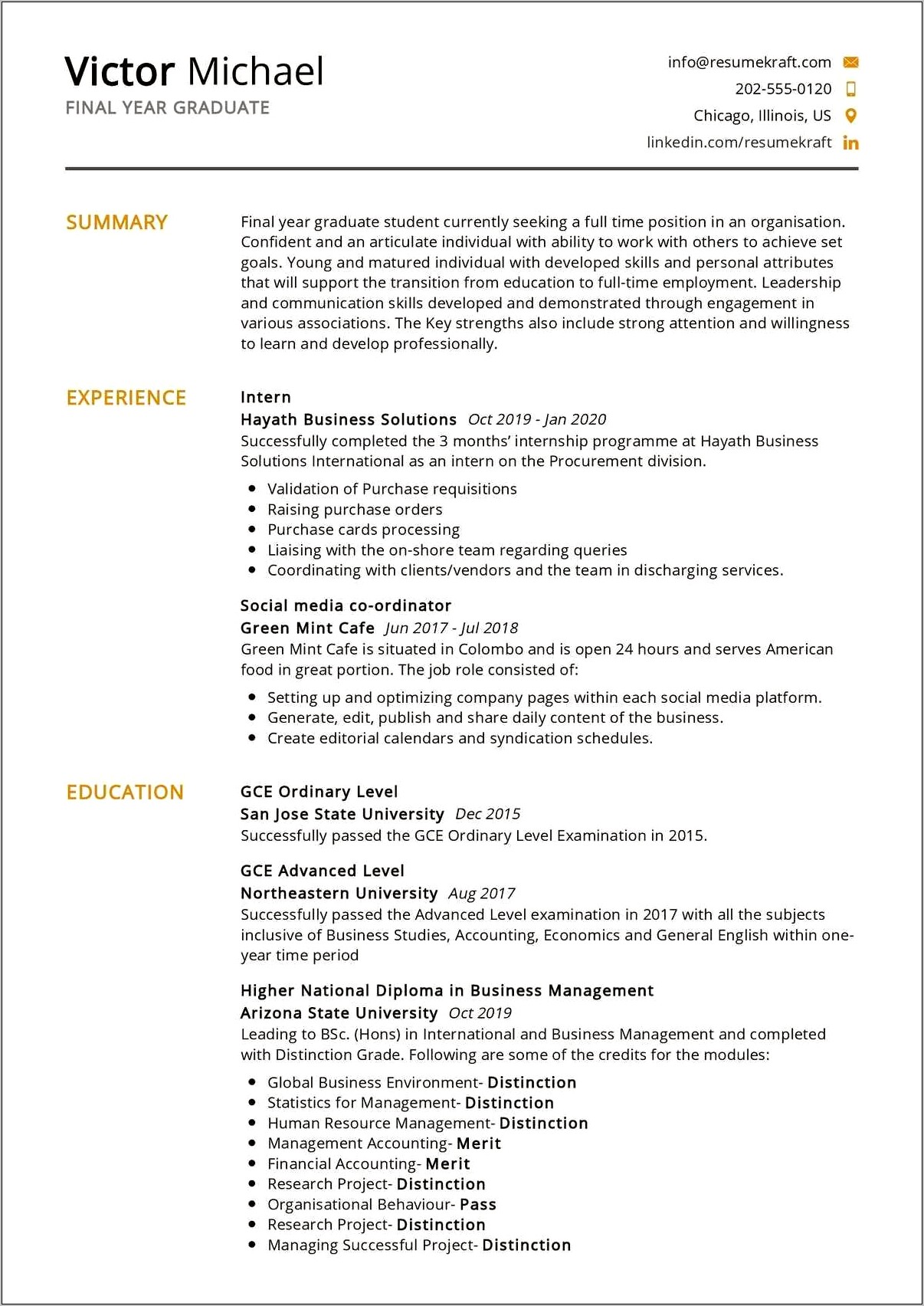 Resume Sample For Graduate Students For Internship