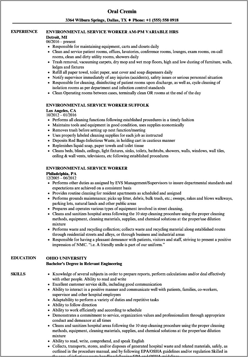 Resume Sample For Janitorial Services