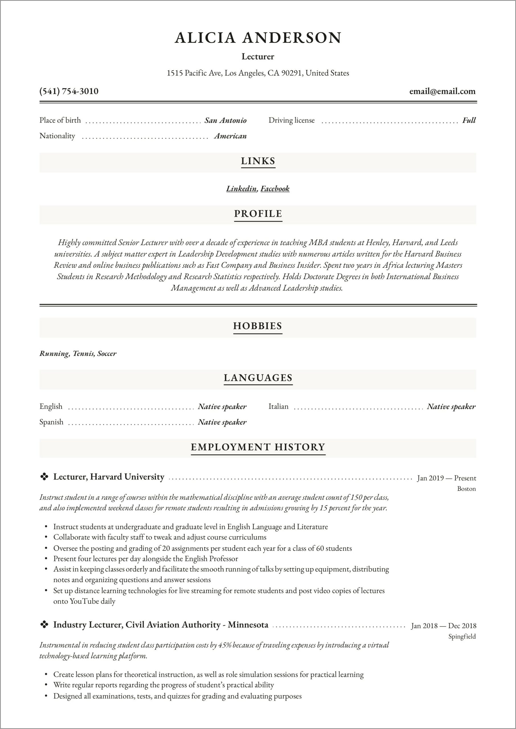 Resume Sample For Lecturer In Mba