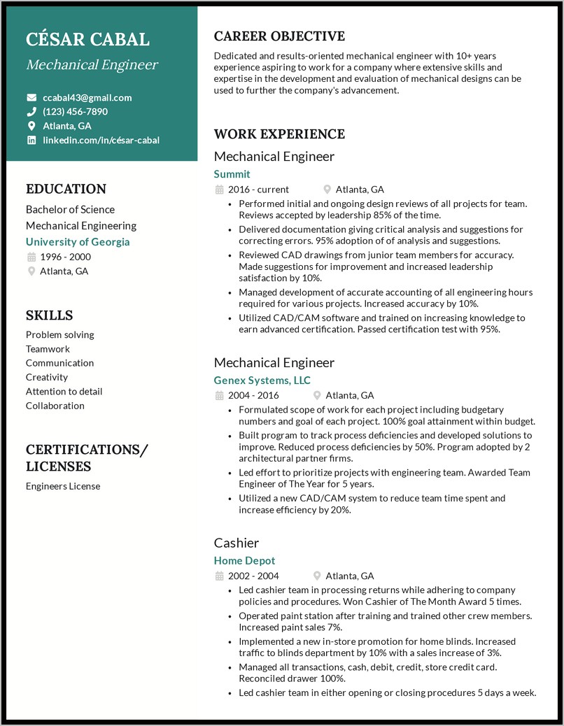 Resume Sample For Mechanical Structural Engineer