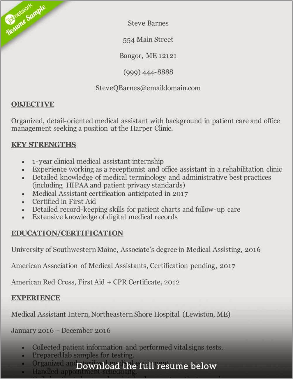 Resume Sample For Medical Assistant Internship