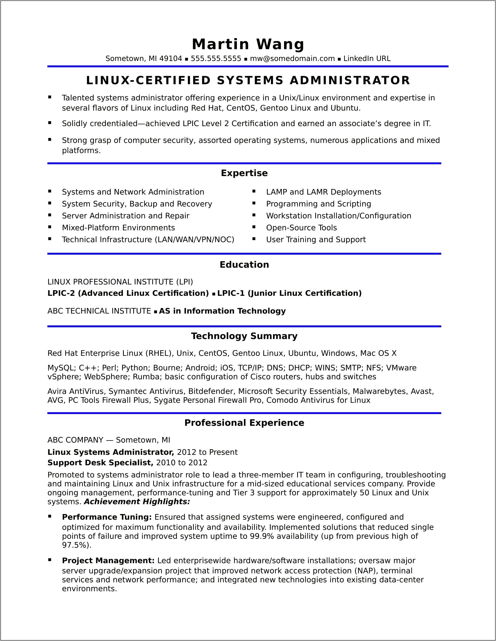 Resume Sample For Network System Technology
