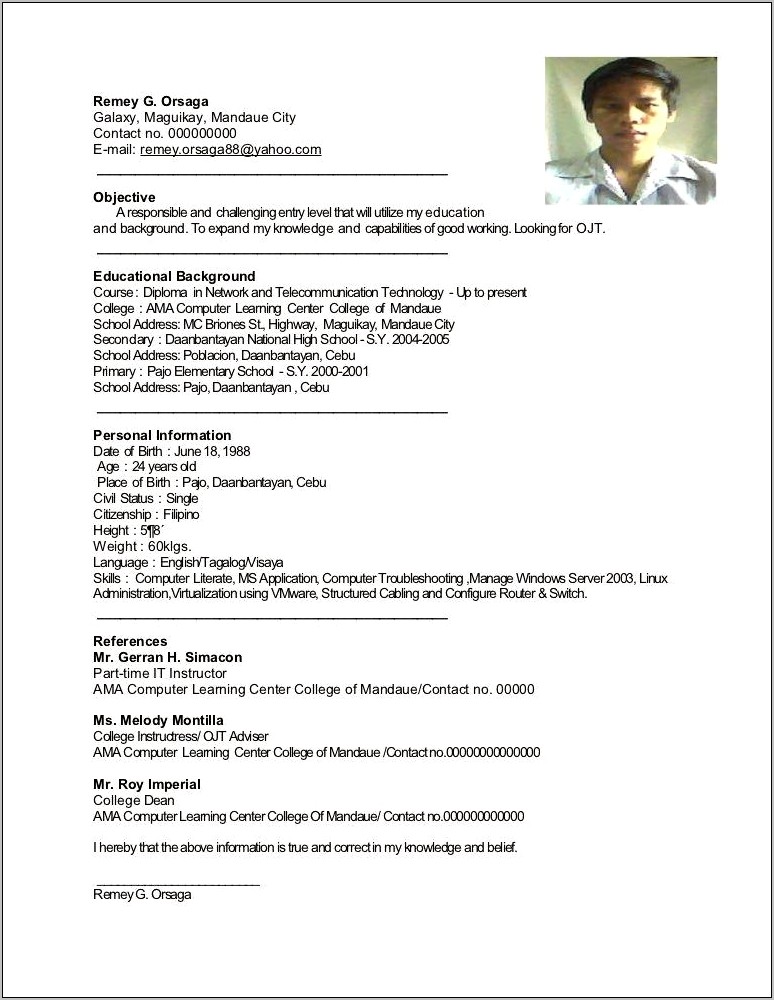 Resume Sample For Ojt Senior High School