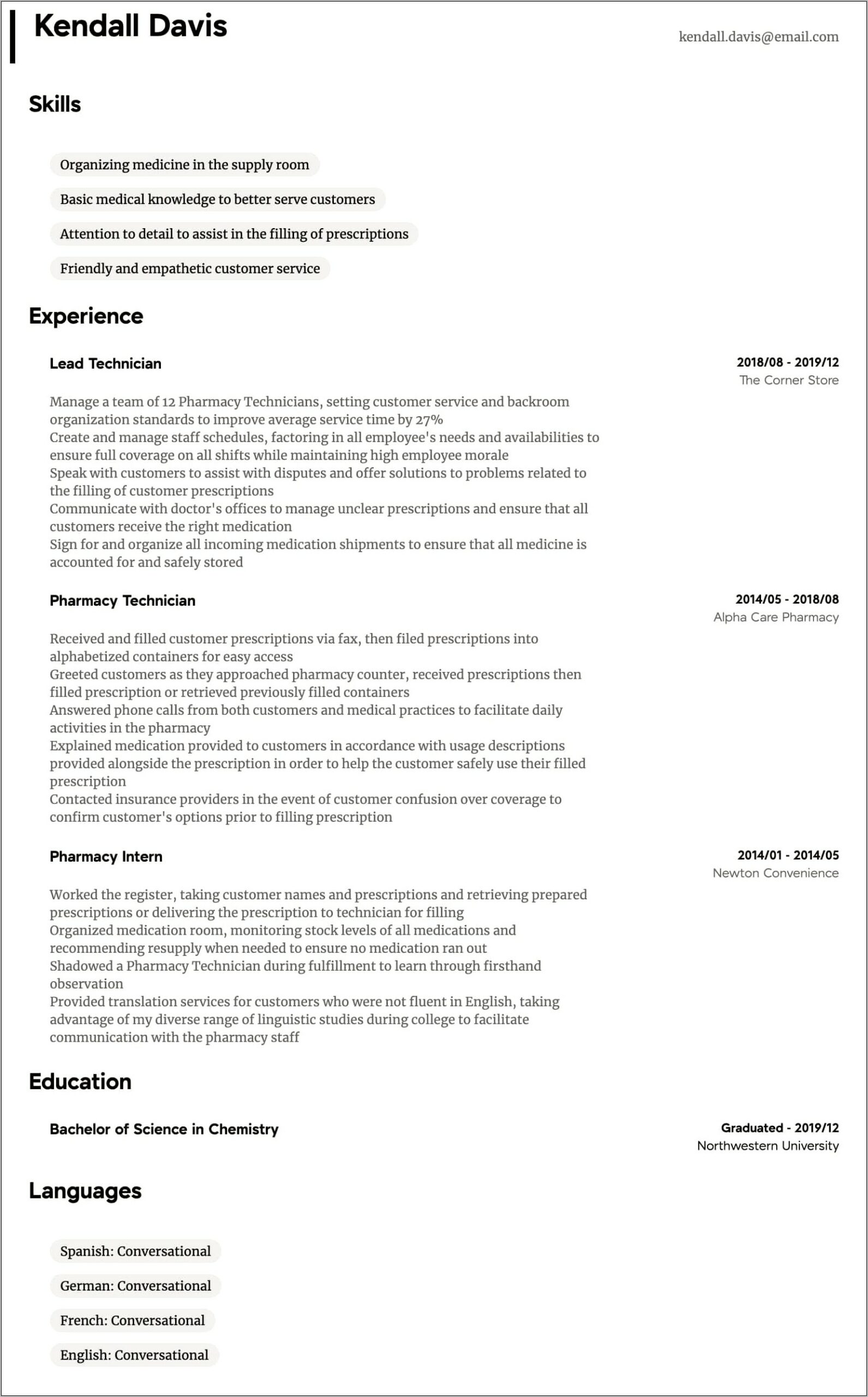 Resume Sample For Pharmacy Technician Student