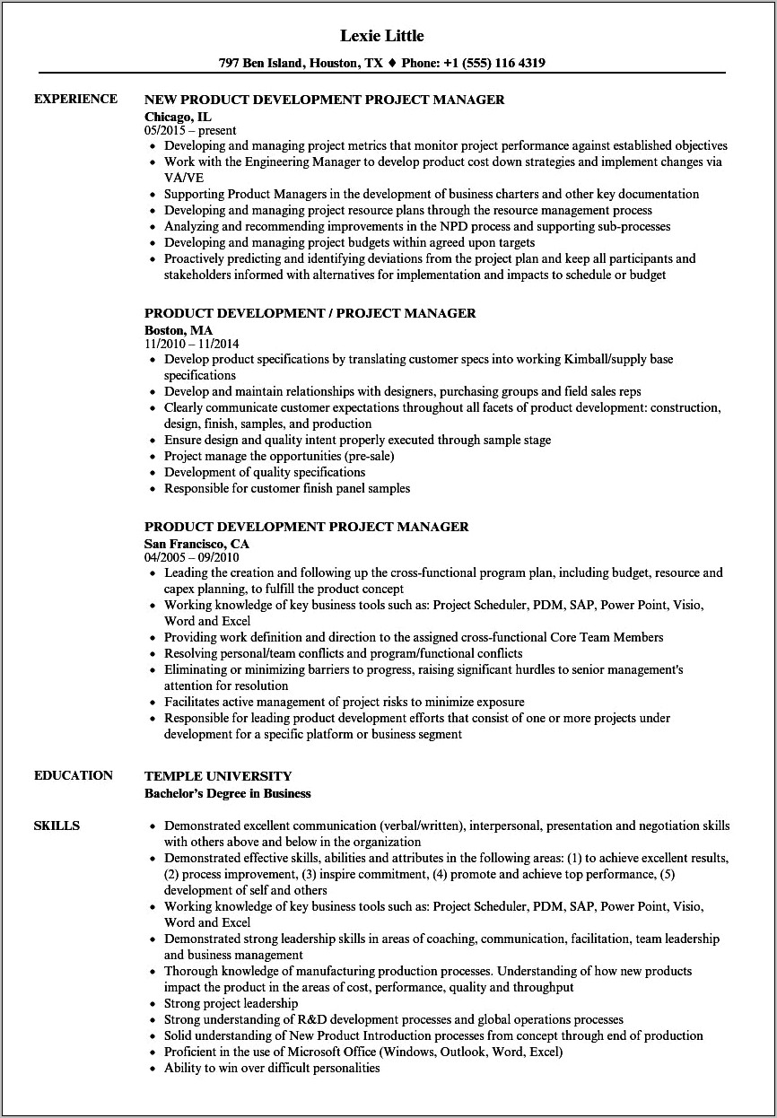 Resume Sample For Product Development Manager