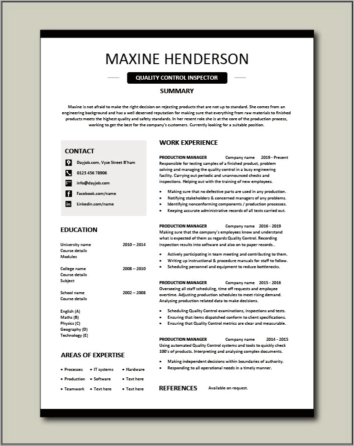 Resume Sample For Quality Control For Food