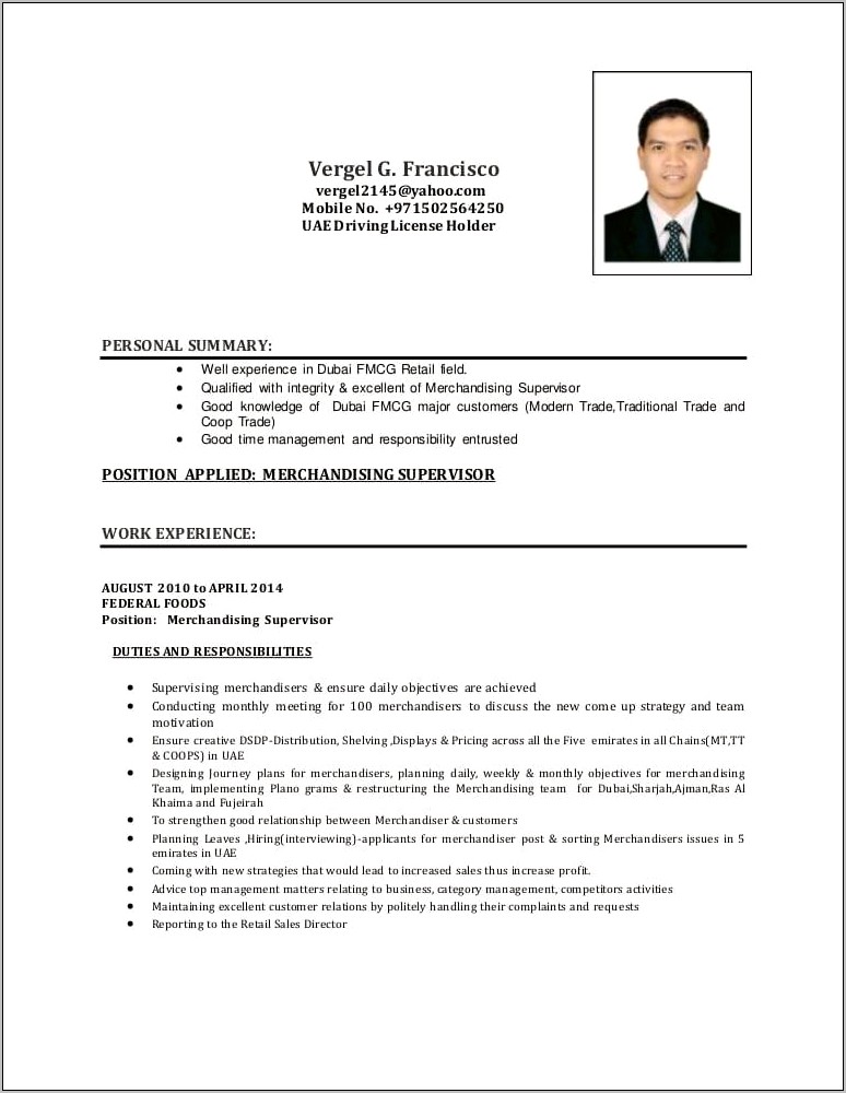 Resume Sample For Sales Representative Fmcg