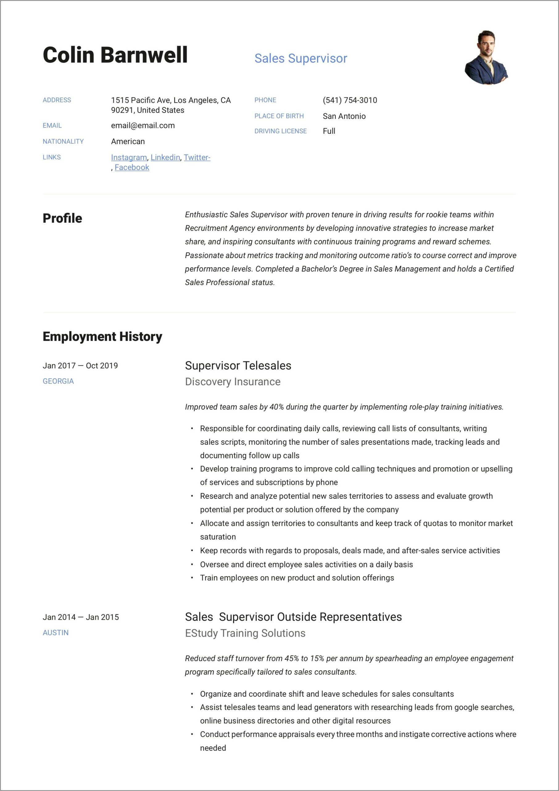 Resume Sample For Sales Supervisor
