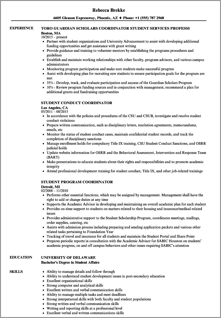 Resume Sample For Student Activities Director