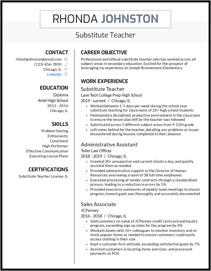 Resume Sample For Substitute Teacher